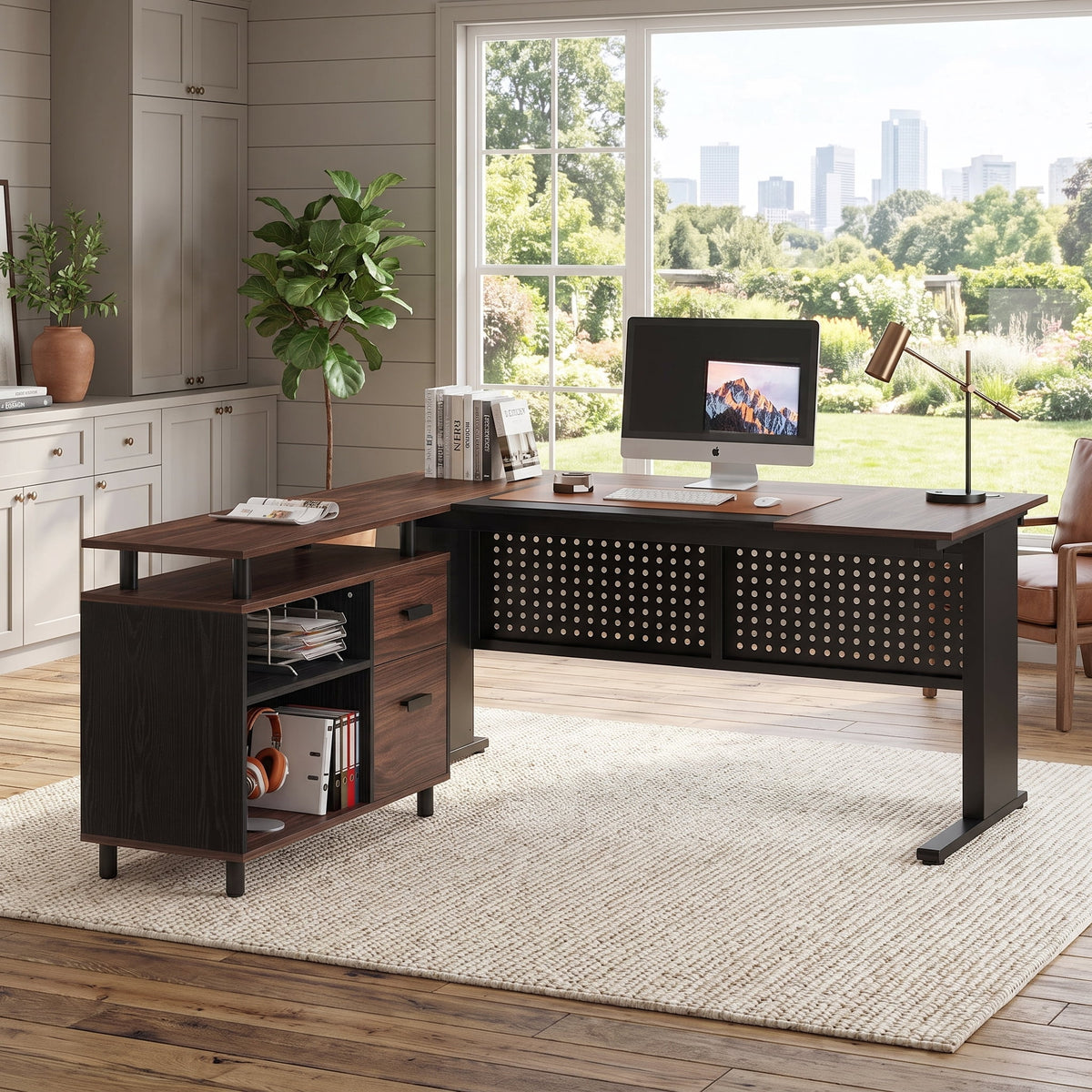 Fnova 63-Inch L-Shaped Executive Desk with Storage Cabinet and Drawers, Large Office Desk with File Drawer, Industrial Computer Desk Workstation for Home Office,WM010425_DWB_US