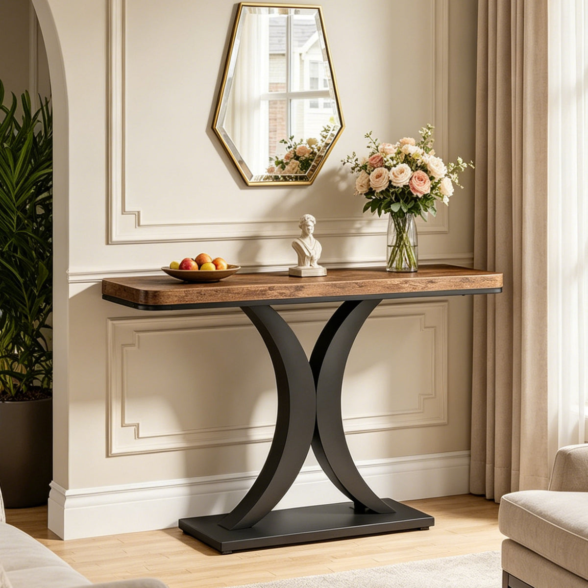 Fnova 40-Inch Modern Console Table, Industrial Wood Narrow Entryway Table with Geometric Base, Accent Table for Living Room, Entrance, Foyer,WM010336_BNB_US