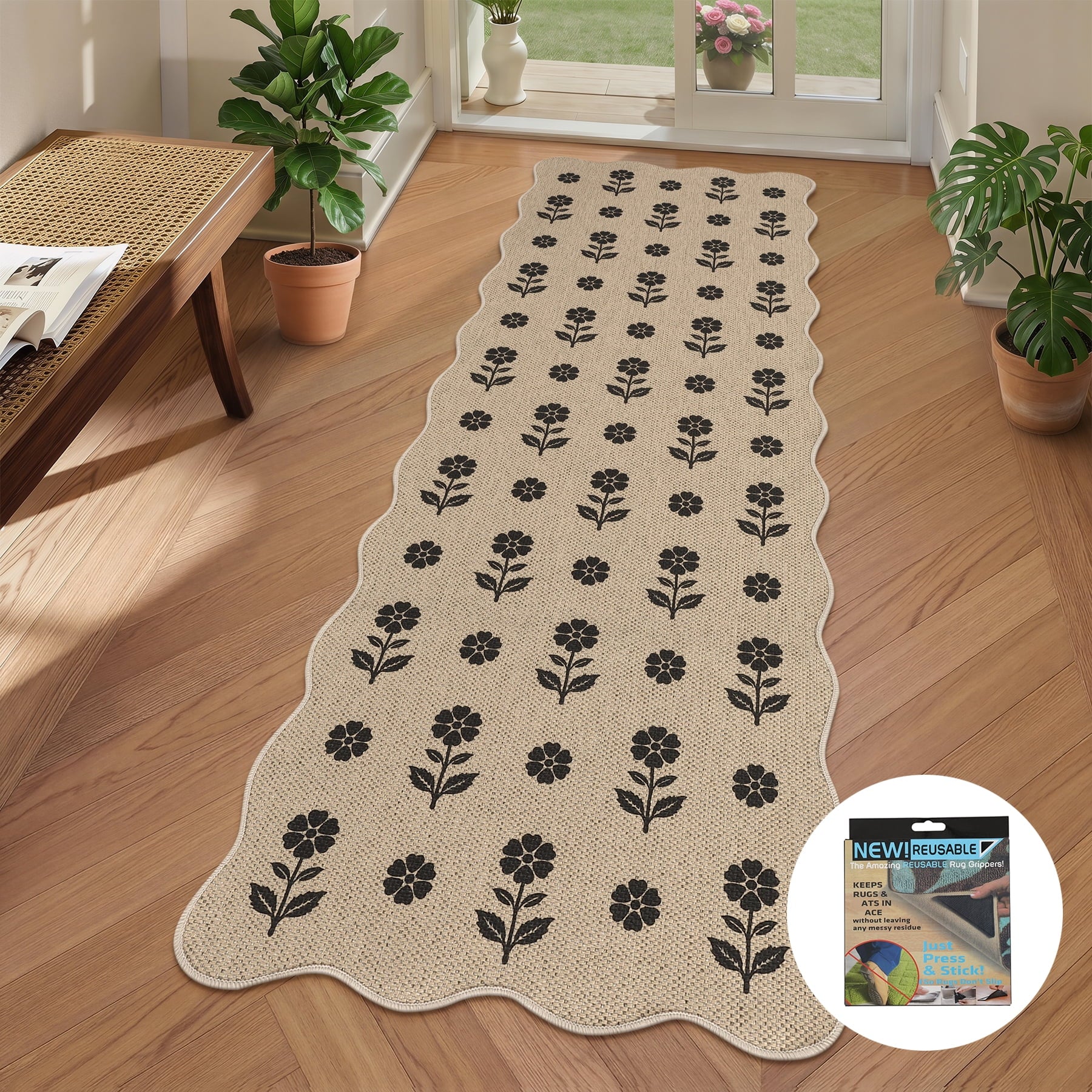 Fnova 2'x6' Washable Runner Rug, Non-Slip OEKO-TEX Certified Jute Rug with Scalloped Edge for Kitchen, Hallway, Entryway, Bedroom, Living Room & High Traffic Areas,Beige & Black,2'x6'