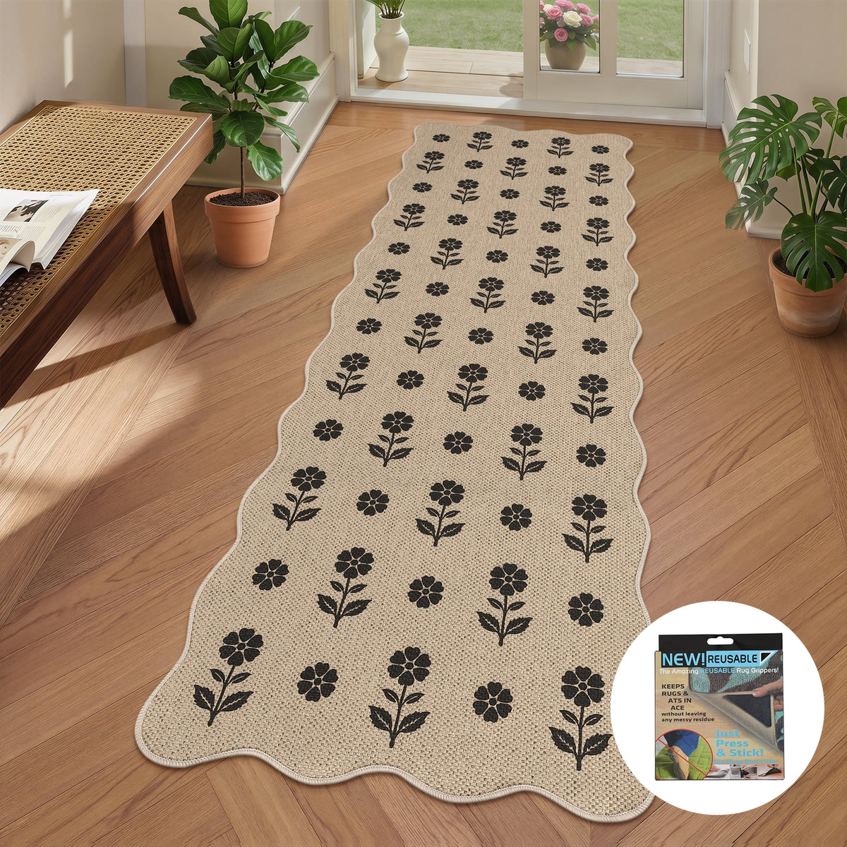 Fnova 2-Ftx6-Ft Washable Runner Rug, Non-Slip OEKO-TEX Certified Jute Rug with Scalloped Edge for Kitchen, Hallway, Entryway, Bedroom, Living Room & High Traffic Areas,WM011609_BK_US
