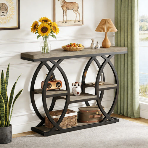 Fnova 39.4-Inch Industrial Console Table, 4-Tier Retro Staggered Storage Shelves, Narrow Wood Accent Table with Metal Frame, for Small Spaces, Entryway, Sofa, Hallway,WM010306_G_Console