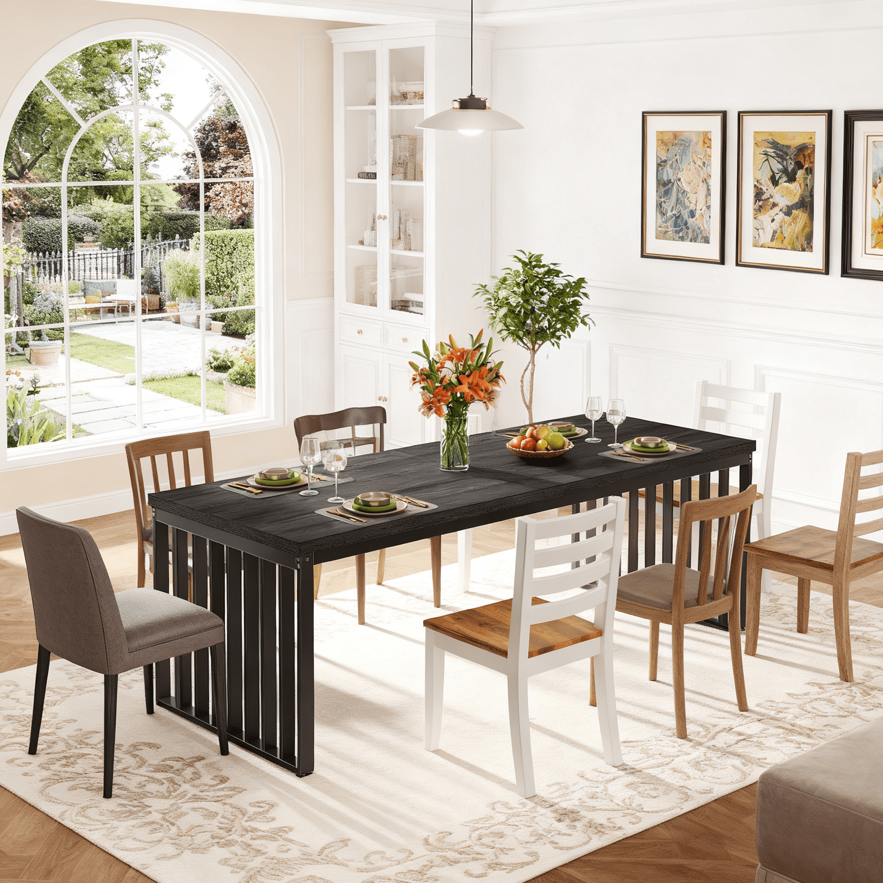 Fnova 78.74" Industrial Dining Table for 6-8 Person, Long Rectangle Wood Kitchen Table with Heavy Duty Metal Frame for Living Room & Home Office,Black