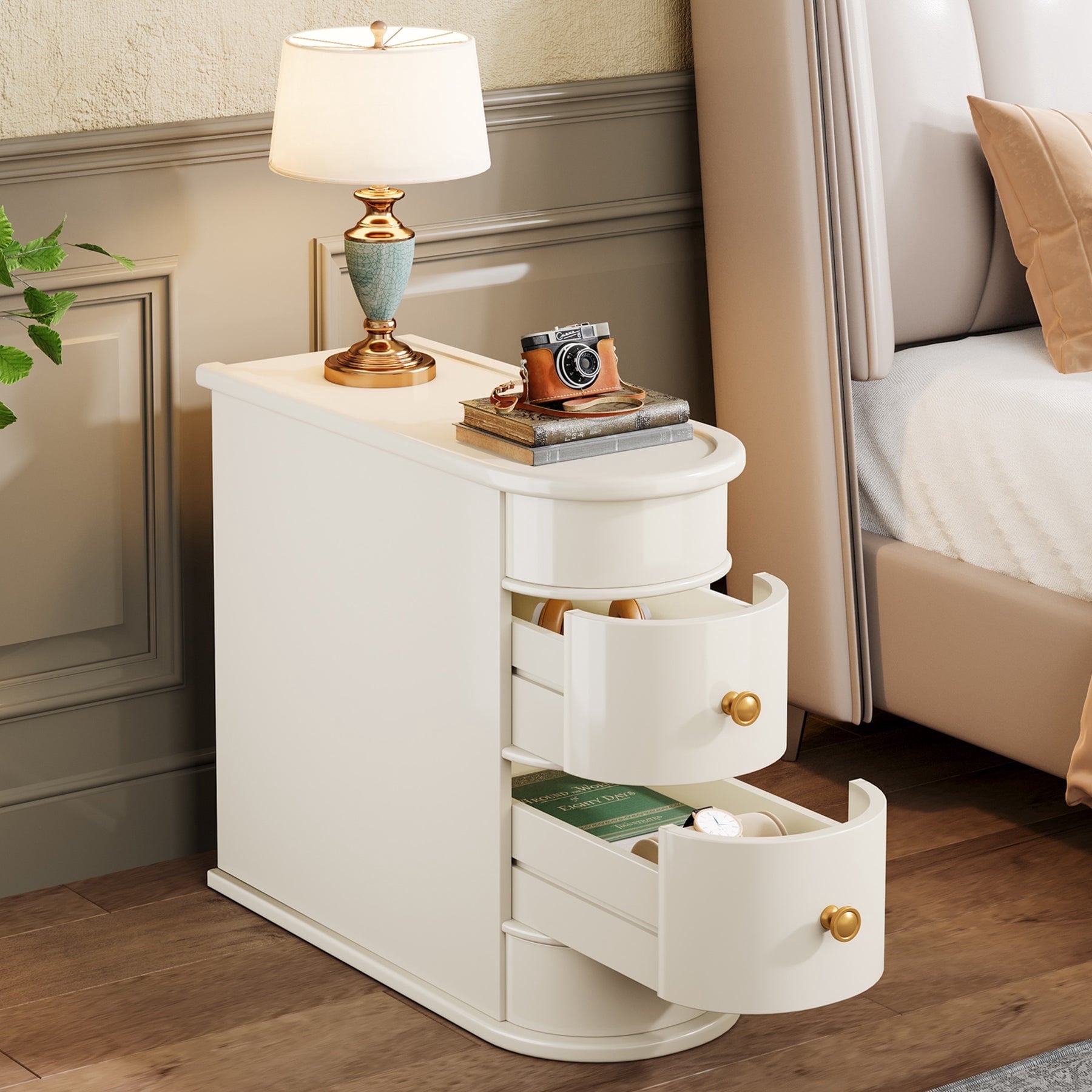 Fnova Solid Wood End Table with 2 Drawers, No Assembly Required, Narrow Side Tables for Living Room, Bedroom, White,White