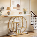 Fnova Console Table, Entryway Table with 4-Tier Storage Shelves, 42" Wood Modern Narrow Long Side Table, , Sofa Table, Accent Table for Living Room, Entryway, Hallway, White and Gold,White and Gold