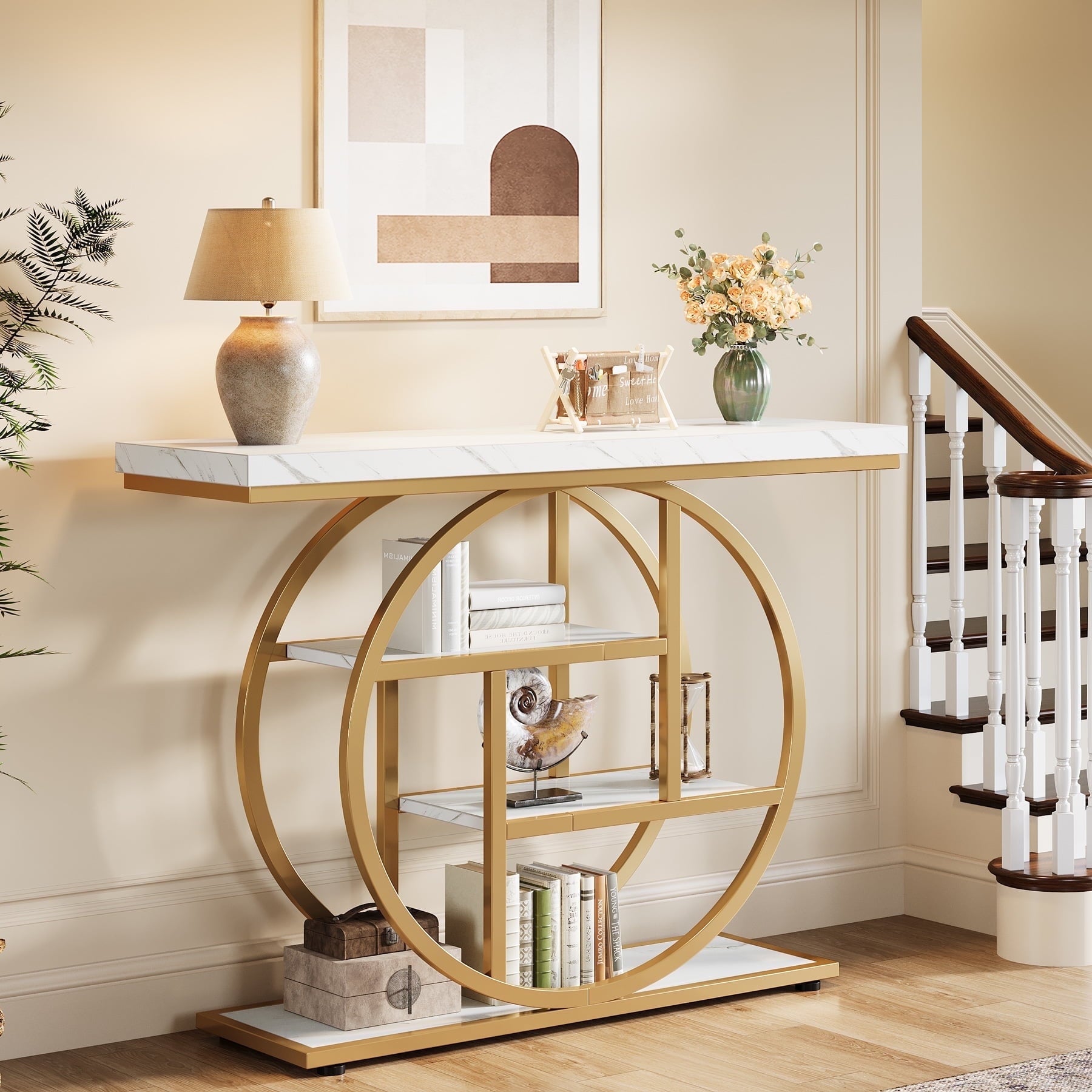 Fnova Console Table, Entryway Table with 4-Tier Storage Shelves, 42" Wood Modern Narrow Long Side Table, , Sofa Table, Accent Table for Living Room, Entryway, Hallway, White and Gold,White and Gold