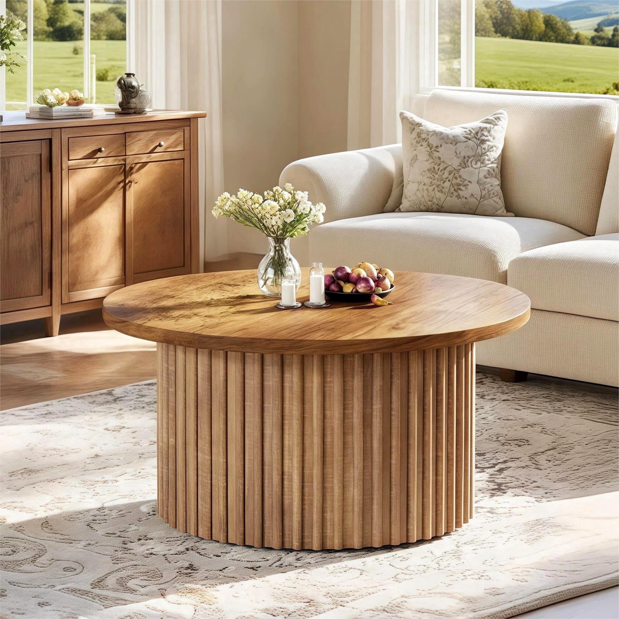 Fnova 31" Round Coffee Table, Farmhouse Circle Coffee Table with Metal Base, Modern Wood Accent Center Table Sofa Side Table for Living Room, Home Office,0