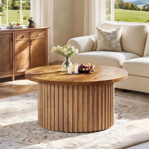 Fnova 31" Round Coffee Table, Farmhouse Circle Coffee Table with Metal Base, Modern Wood Accent Center Table Sofa Side Table for Living Room, Home Office,0