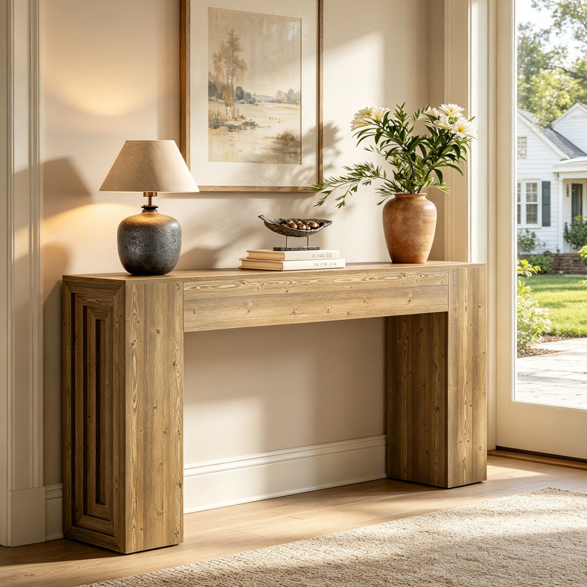 Fnova 63-Inch Console Table, Farmhouse Extra Long Narrow Entryway Table Sofa Table with Thick Tabletop for Living Room, Entryway, Hallway, Foyer,WM010357_LBN_US
