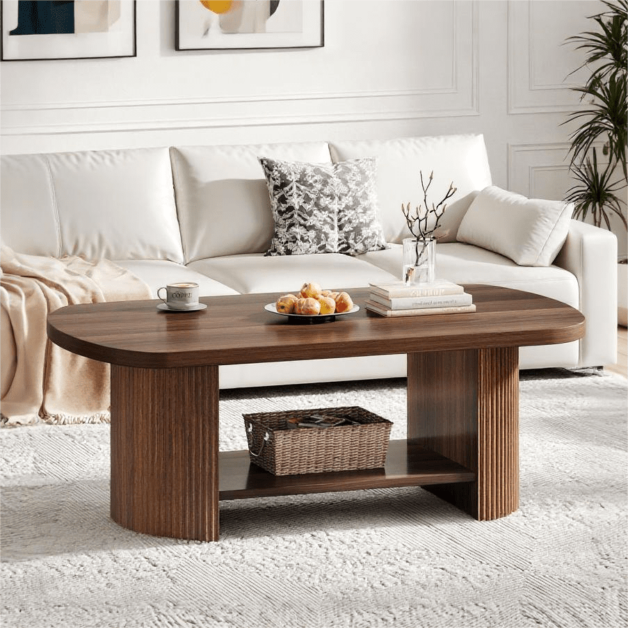 Fnova 45.27" Oval Coffee Table, Farmhouse Modern 2-Tier Storage Accent Center Table With Wooden Dual Base For Living Room Bedroom Apartment, Easy Assembly,Brown