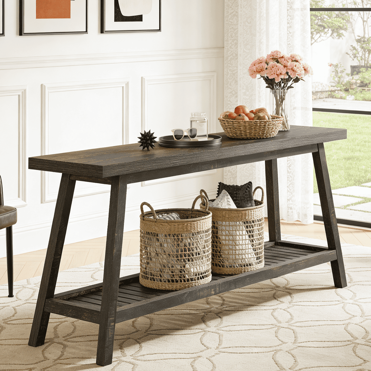 Fnova 71-Inch Farmhouse 2-Tier Console Table, Sofa Table with Lower Shelf, Heavy-Duty Trapezoid Base, for Entryway/Living Room, Easy Assembly,WM010289_B_Tables