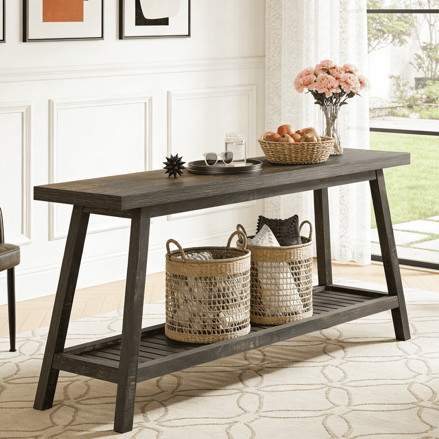 Fnova 71" Farmhouse 2-Tier Console Table, Sofa Table with Lower Shelf, Heavy-Duty Trapezoid Base, for Entryway/Living Room, Easy Assembly,Black