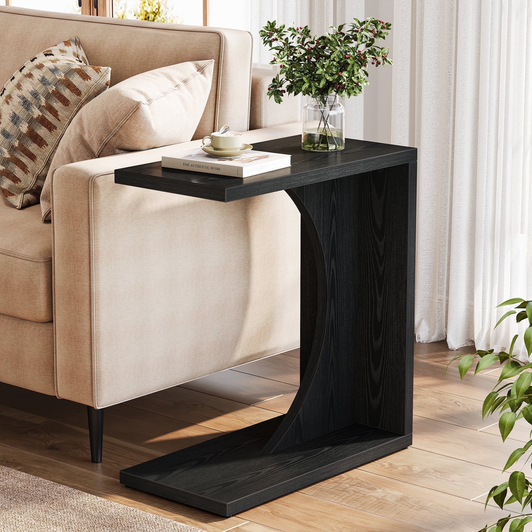 Fnova End Table Farmhouse C-shaped Side Table, Narrow Wooden Sofa Table with Space-Saving Design, Modern Bedside Table, Easy Assembly, Corner Table for Living Room, Bedroom, Nightstand, Black,Black