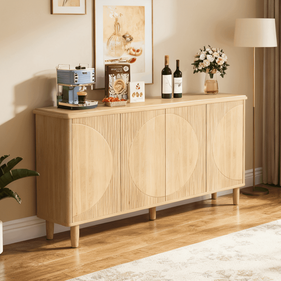 Fnova Modern Cabinet with 2-Tier Storage Shelves, 59.44-Inch Sideboard with 4 Doors, Push Pop-up Door, for Kitchen, Dining Room, Living Room, Easy Assembly,WM011326_Y_Cabinet