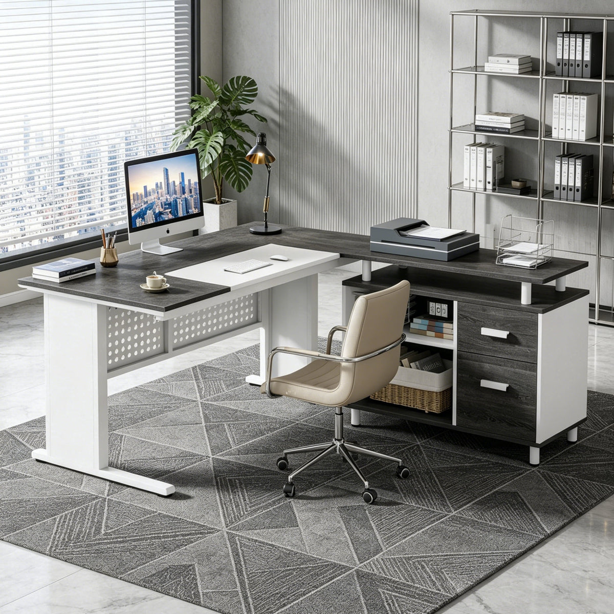 Fnova 63-Inch L-Shaped Executive Desk with Storage Cabinet and Drawers, Large Office Desk with File Drawer, Industrial Computer Desk Workstation for Home Office,WM010425_GW_US