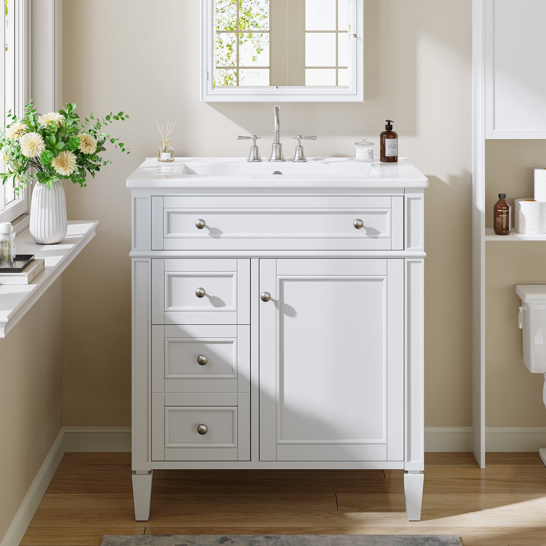 Fnova 30" Bathroom Vanity with Sink, Modern Bathroom Sink Cabinet with 4 Drawers & 2 Doors, Bath Storage Vanity Sink with Metal Handles, Solid Wood Frame, White,30" White