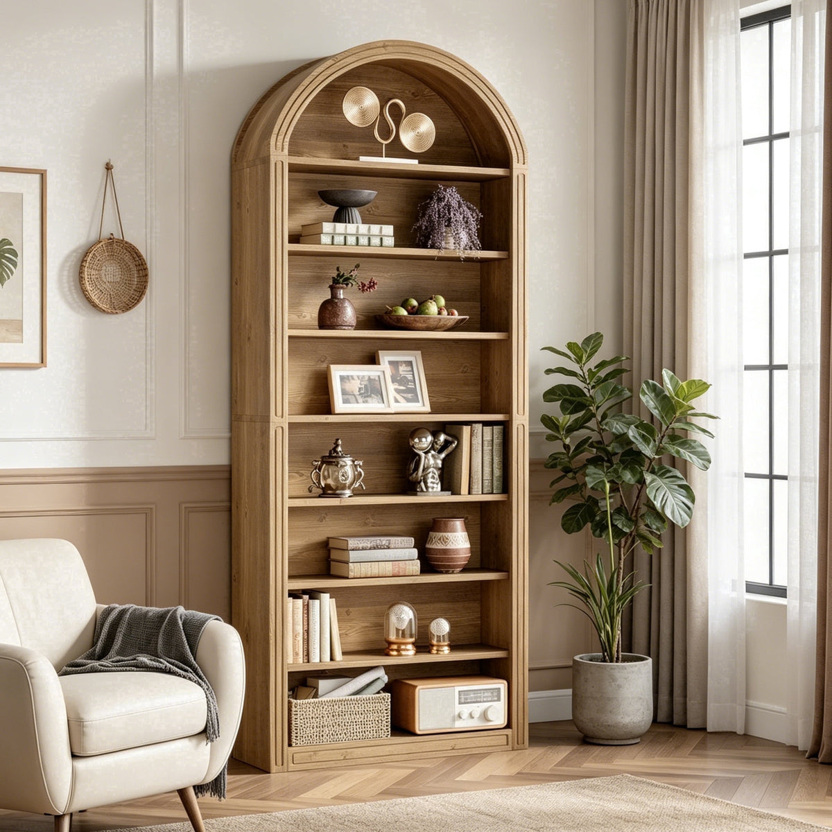 Fnova 78-Inch Bookshelf, Farmhouse Tall 8-Tier Arched Bookcase, Wood Display Shelf Book Shelf Organizer for Living Room, Bedroom, Entryway,WM010542_BN_US