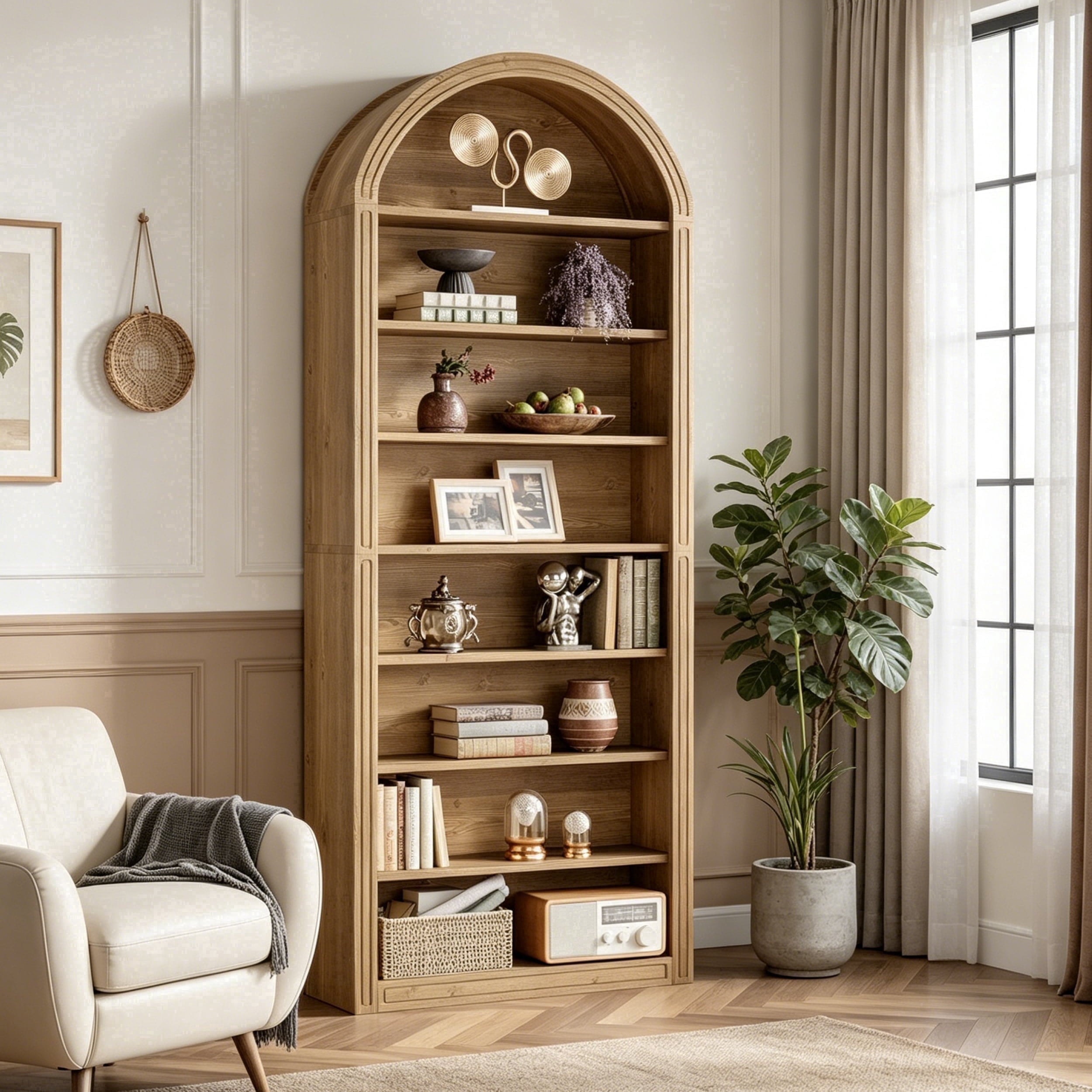 Fnova 78" Bookshelf, Farmhouse Tall 8-Tier Arched Bookcase, Wood Display Shelf Book Shelf Organizer for Living Room, Bedroom, Entryway,Light Brown,8-Tier