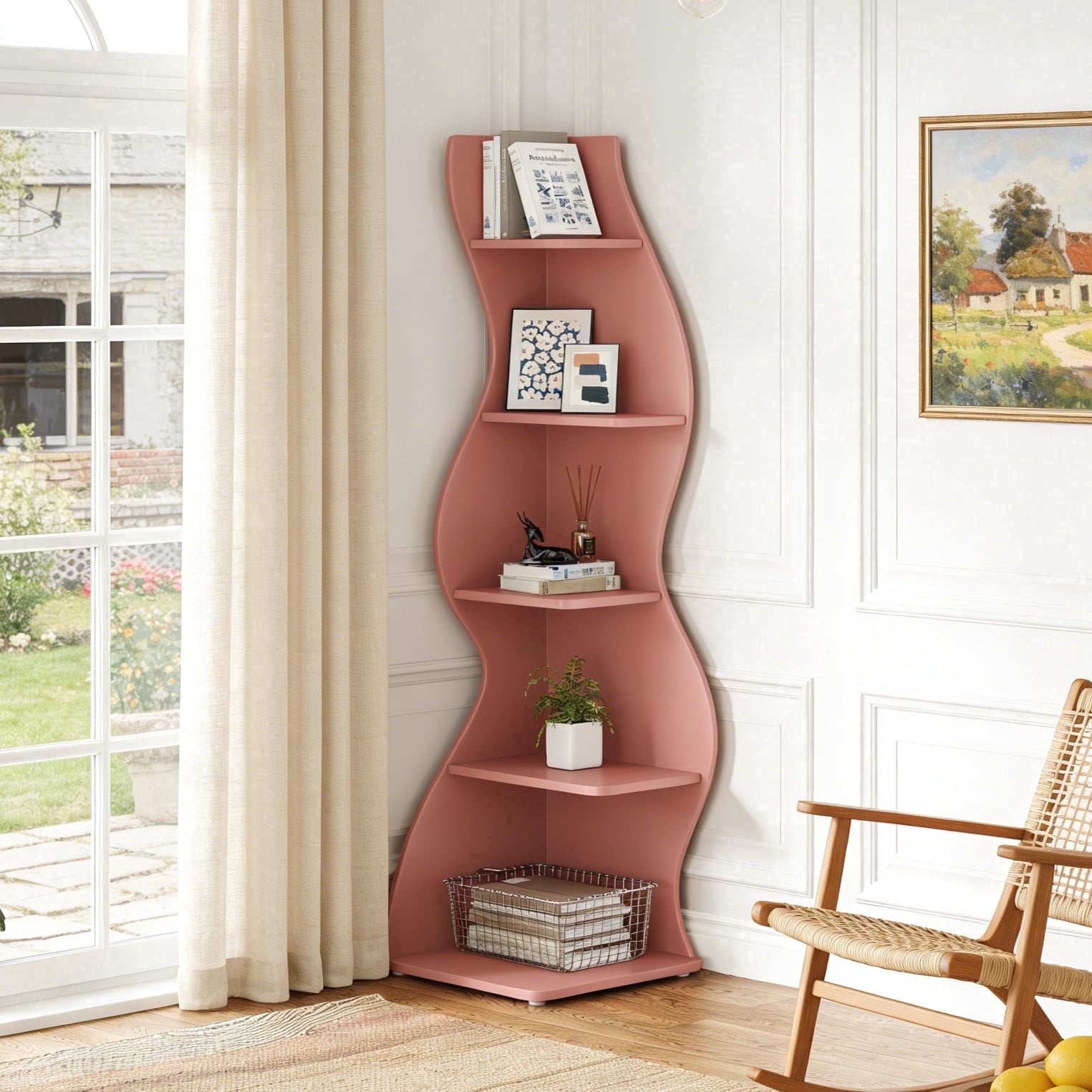 Fnova 70-Inch 5-Tier Corner Shelving Unit, Modern Tall Storage Shelf Bookcase Plant Stand Organizer Unit for Home Office Living Room Bedroom, Pink,WM010530_P_Shelf