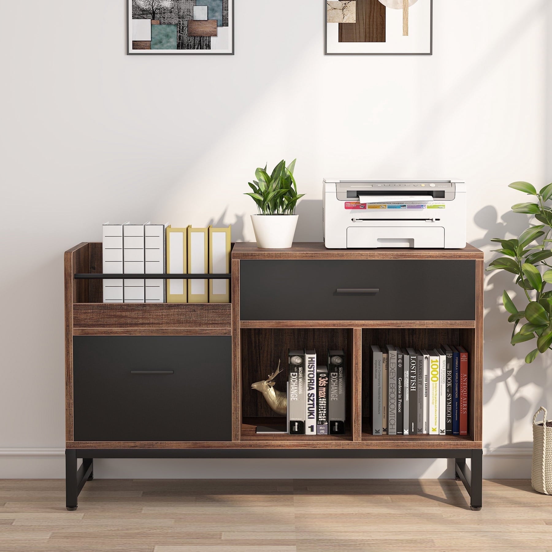 Fnova 2-Drawer File Cabinet, 39-Inch Filing Cabinet with 3 Open Storage Shelves and Letter Size/A4 Size Drawer for Home Office, Brown,WM011408_BN_File