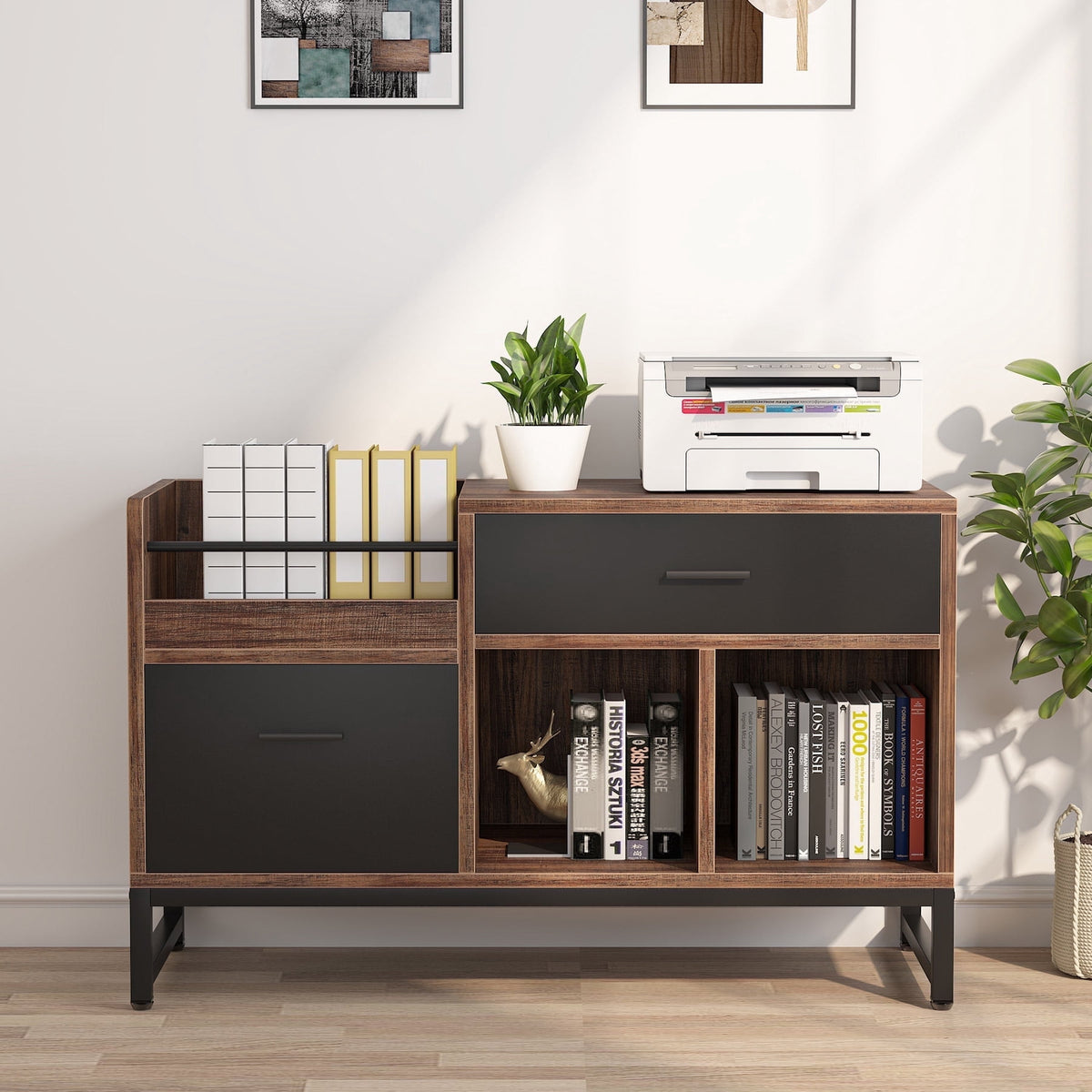 Fnova 2-Drawer File Cabinet, 39-Inch Filing Cabinet with 3 Open Storage Shelves and Letter Size/A4 Size Drawer for Home Office, Brown,WM011408_BN_File