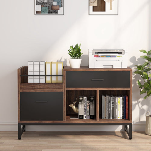 Fnova 2-Drawer File Cabinet, 39-Inch Filing Cabinet with 3 Open Storage Shelves and Letter Size/A4 Size Drawer for Home Office, Brown,WM011408_BN_File