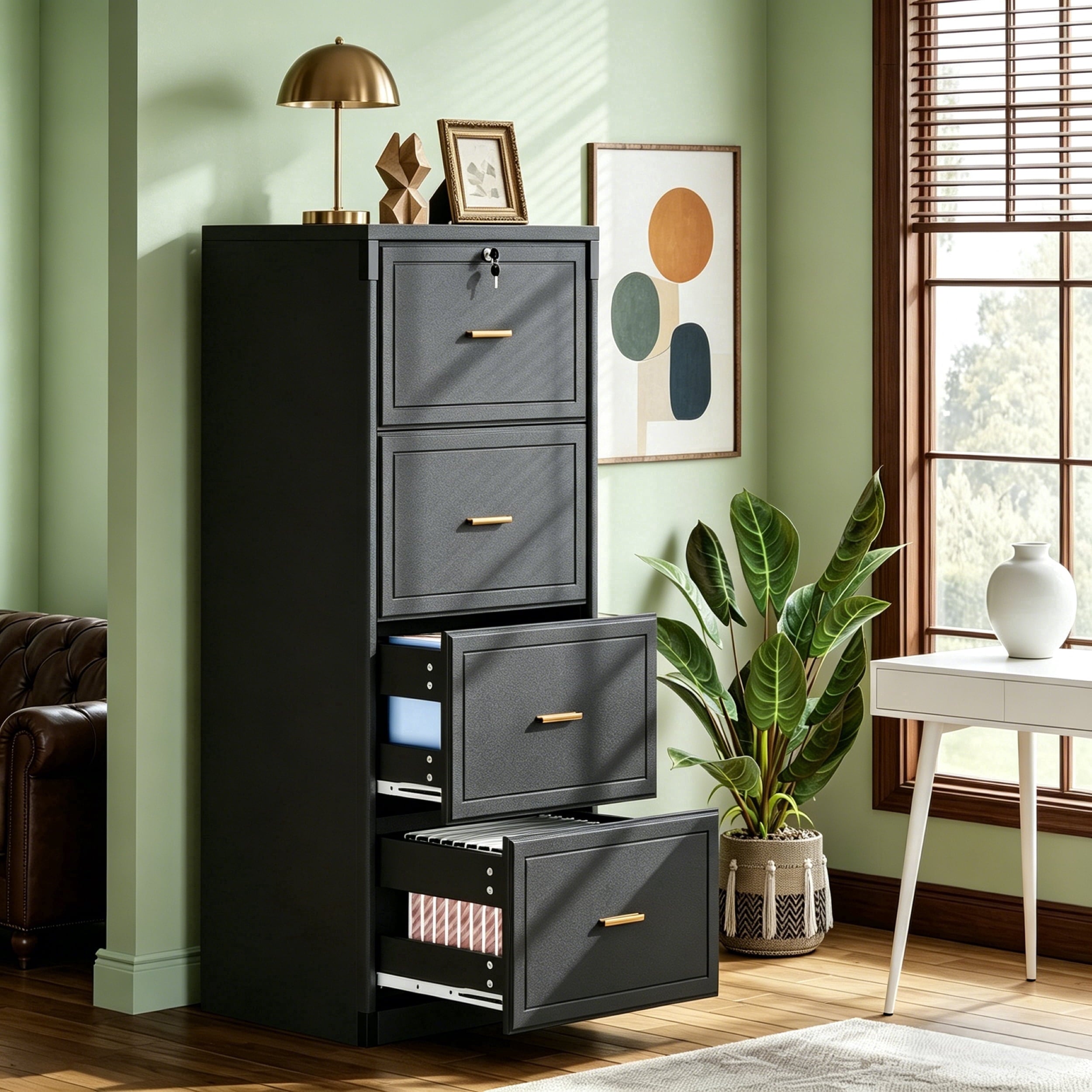 Fnova 4-Drawer File Cabinet, Tall Filing Cabinet with Lock and Key, Heavy Duty Wooden Vertical Office Storage Organizer for Legal Size/Letter/A4/Files, Home Office, Black,Black