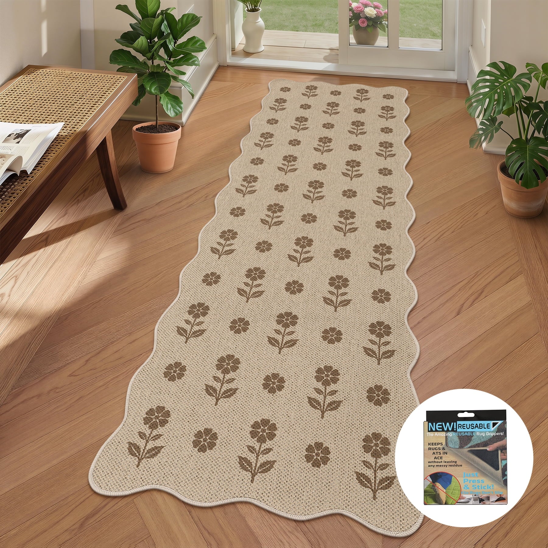 Fnova 2'x6' Washable Runner Rug, Non-Slip OEKO-TEX Certified Jute Rug with Scalloped Edge for Kitchen, Hallway, Entryway, Bedroom, Living Room & High Traffic Areas,Beige & Taupe,2'x6'
