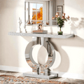 Fnova 43" Mirrored Console Table, Modern Narrow Sofa Table with O-Shaped Base, Glass Entryway Table for Living Room, Hallway Entrance,Silver