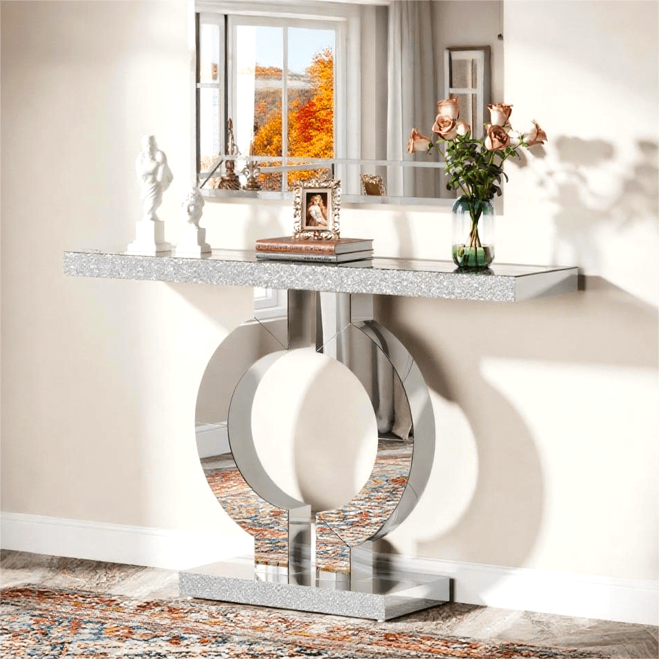 Fnova 43" Mirrored Console Table, Modern Narrow Sofa Table with O-Shaped Base, Glass Entryway Table for Living Room, Hallway Entrance,Silver