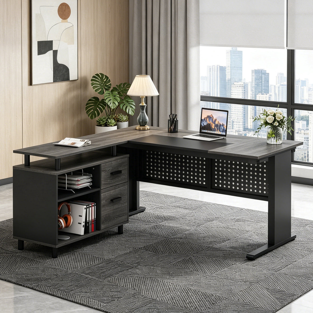 Fnova 63-Inch L-Shaped Executive Desk with Storage Cabinet and Drawers, Large Office Desk with File Drawer, Industrial Computer Desk Workstation for Home Office,WM010425_BB_US