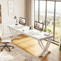 Fnova 78.74" Modern Desk, Wooden Computer Desk Writing Desk with Storage Shelf, Back Baffles & Metal Legs, for Living Room/Kitchen/Home Office, Easy Assembly,White