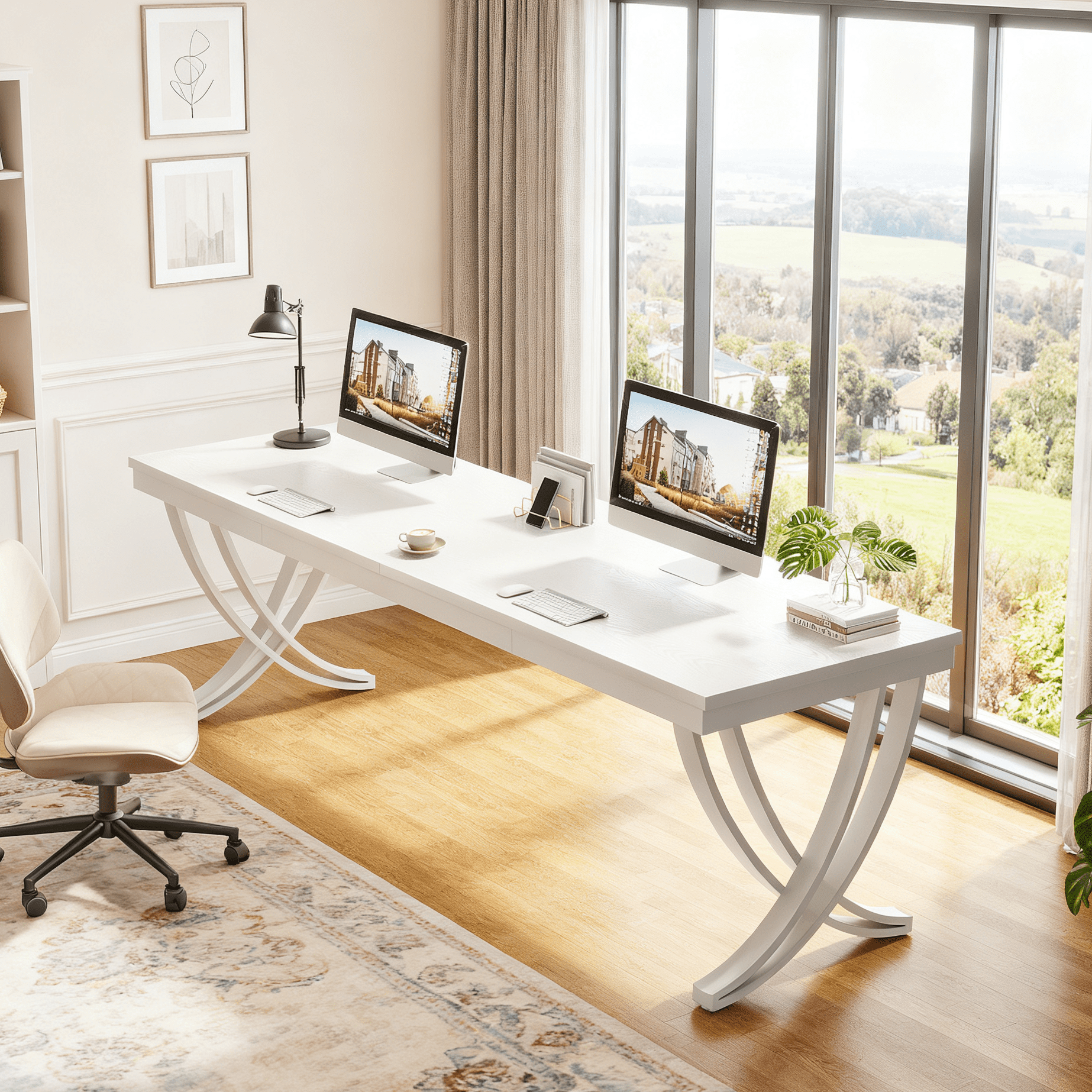 Fnova 78.74" Modern Desk, Wooden Computer Desk Writing Desk with Storage Shelf, Back Baffles & Metal Legs, for Living Room/Kitchen/Home Office, Easy Assembly,White