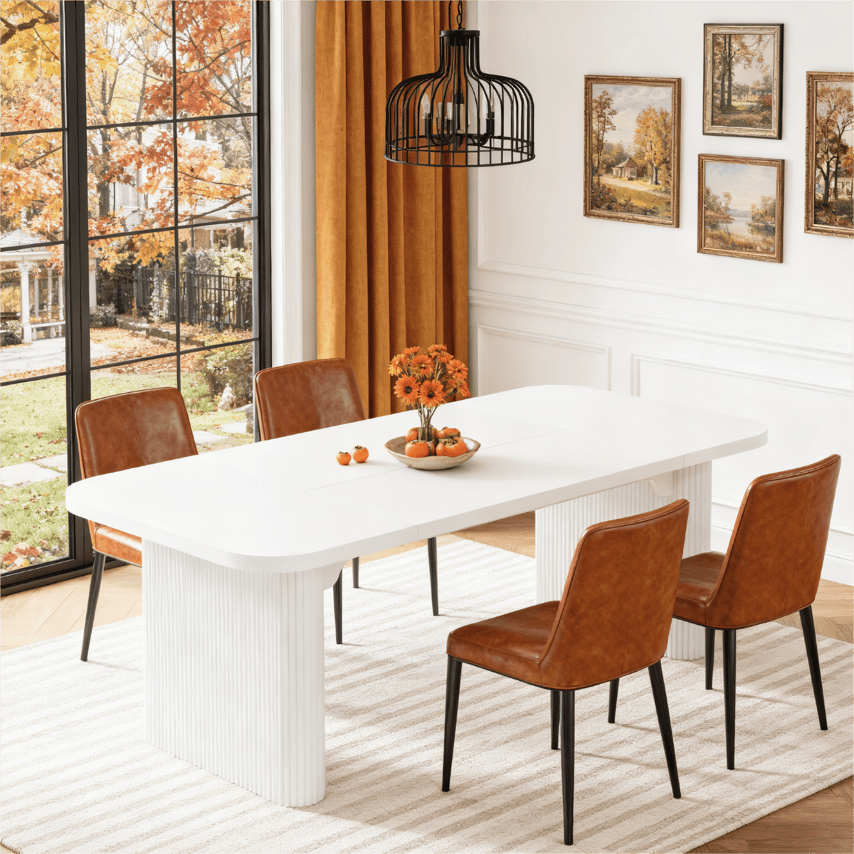 Fnova 62-Inch Dining Table For 4-6, Rectangular Wood Dinner Table With Double Pedestal, Farmhouse Kitchen Table For Dining Room, Living Room, Easy Assembly,WM010297_W_Tables