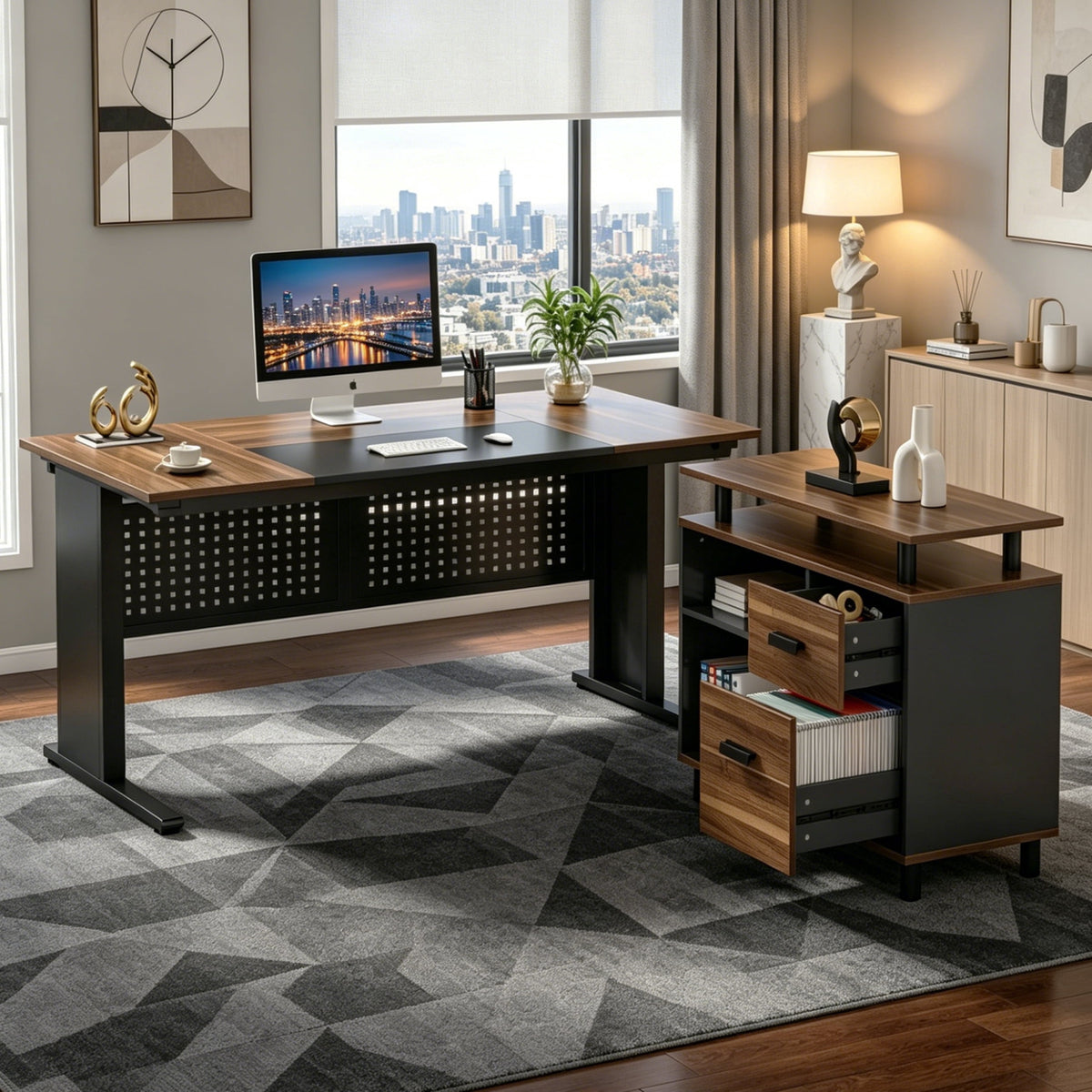 Fnova 63-Inch L-Shaped Executive Desk with Storage Cabinet and Drawers, Large Office Desk with File Drawer, Industrial Computer Desk Workstation for Home Office,WM010425_BNB_US