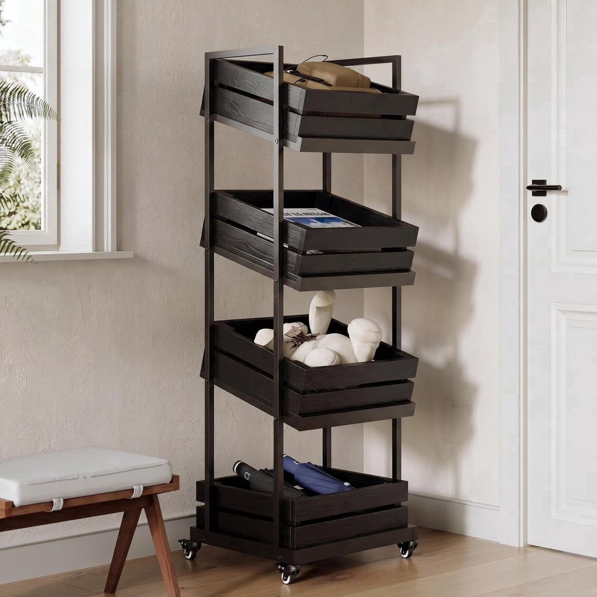Fnova 4-Tier Rolling Storage Cart with Tilt & Horizontal Shelves, 59.06-Inch Tall Mobile Organizer with Lockable Wheels for Kitchen Entryway,WM010577_B_US
