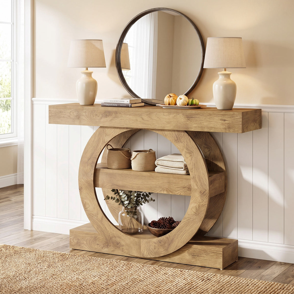 Fnova 41.34-Inch 3-Tier Round Frame Console Table, Wood Sofa Table for Entryway Hallway Living Room Foyer Decor,WM010973_LBN_US