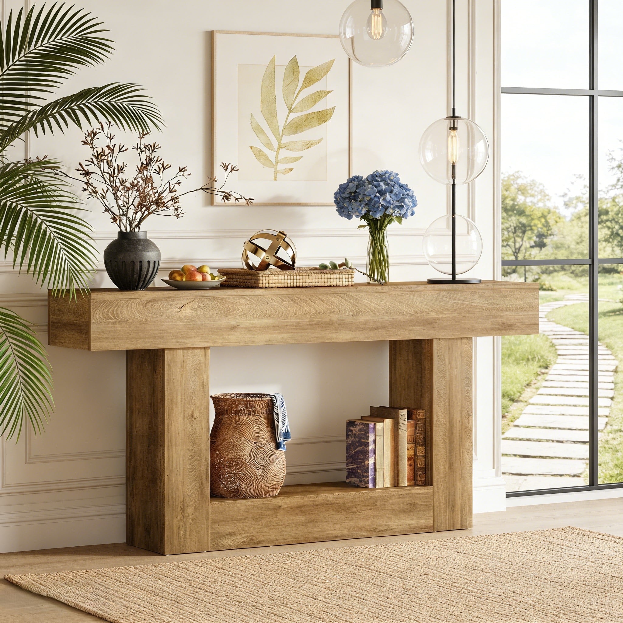 Fnova 63" Farmhouse Console Table, 2-Tier Wood Entryway/Sofa Table with Storage Shelf for Living Room, Hallway, Behind Couch,Light Brown