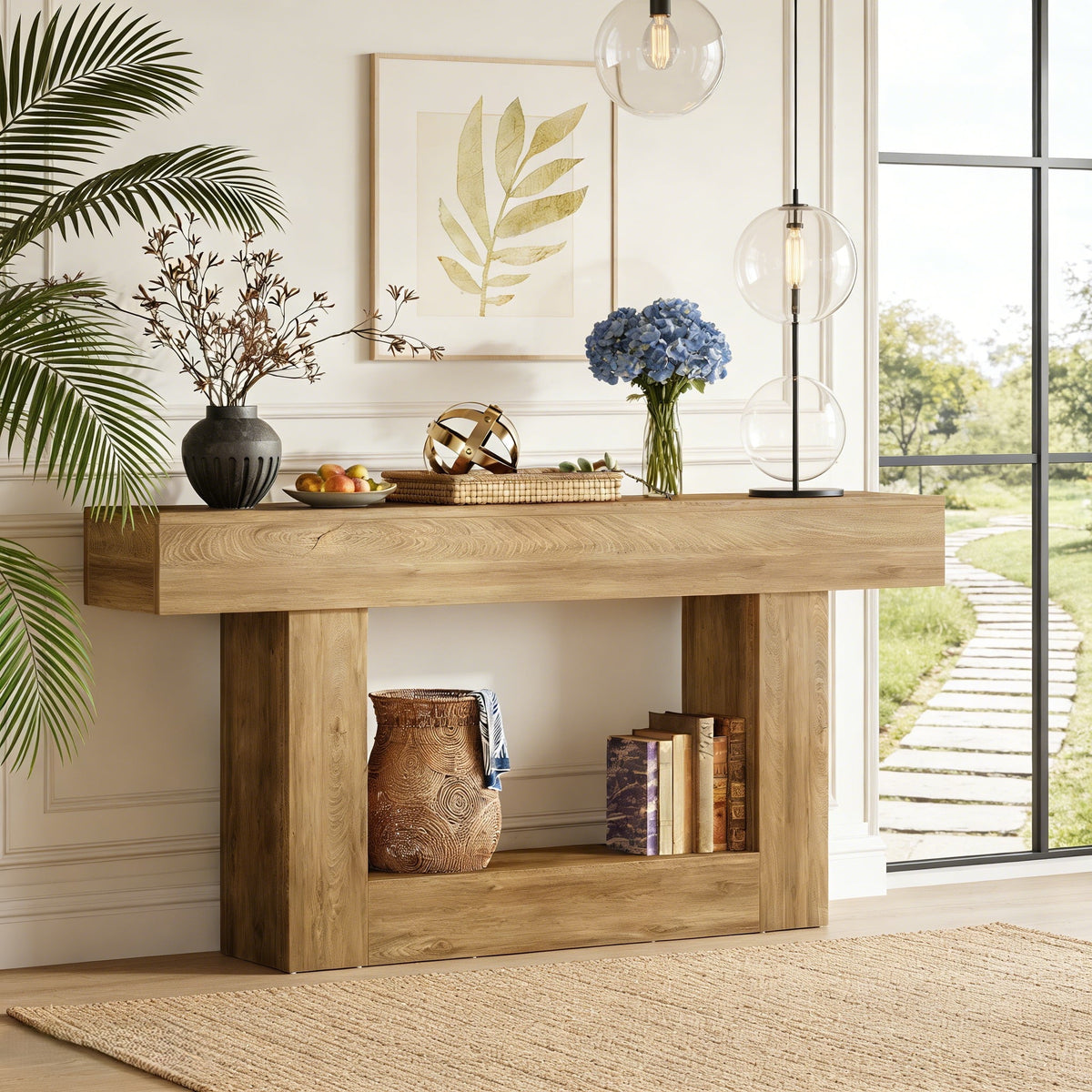 Fnova 63-Inch Farmhouse Console Table, 2-Tier Wood Entryway/Sofa Table with Storage Shelf for Living Room, Hallway, Behind Couch,WM010266_LBN_Tables