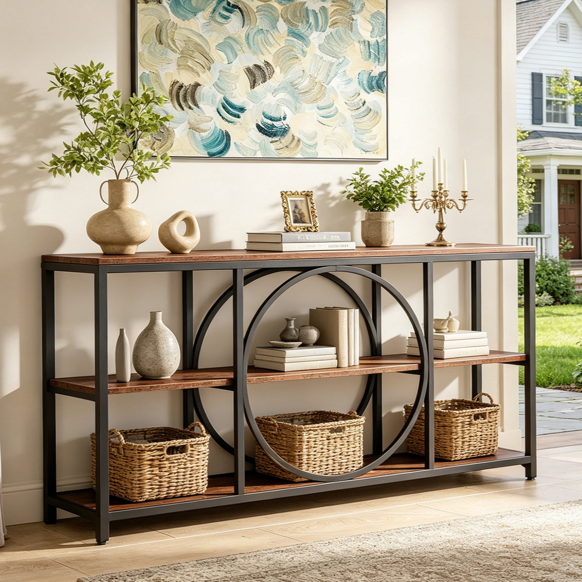 Fnova 70.9-Inch Console Table, 3-Tier Extra Long Industrial Entryway Table Sofa Table with Circular Metal Frame & Open Storage for Entryway, Hallway, Living Room,WM010360_BNB_US