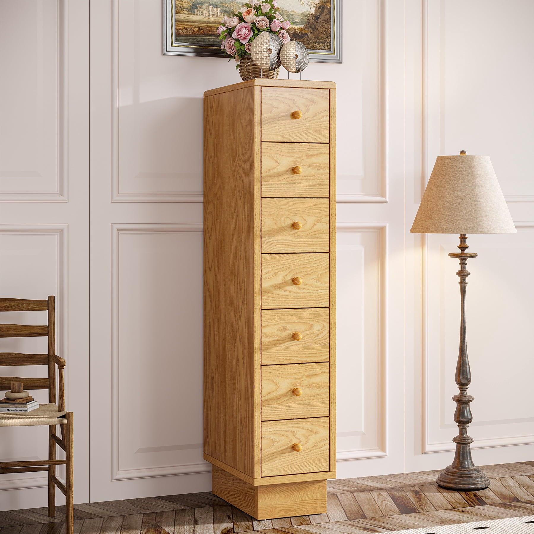 Fnova 52.56-Inch Farmhouse Cabinet with 7 Drawers, Tall Narrow Dresser for Bedroom, Nursery, Entryway, Living Room, Easy Assembly,WM011327_Y7_Cabinet