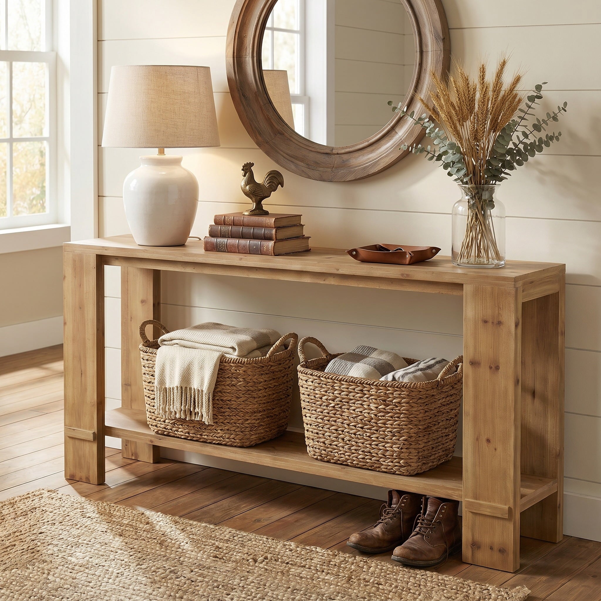 Fnova 70.87-Inch Solid Wood Console Table, Farmhouse Extra Long Entryway Table with Storage Shelf, Narrow Sofa Table for Living Room, Hallway,WM010924_BN_US