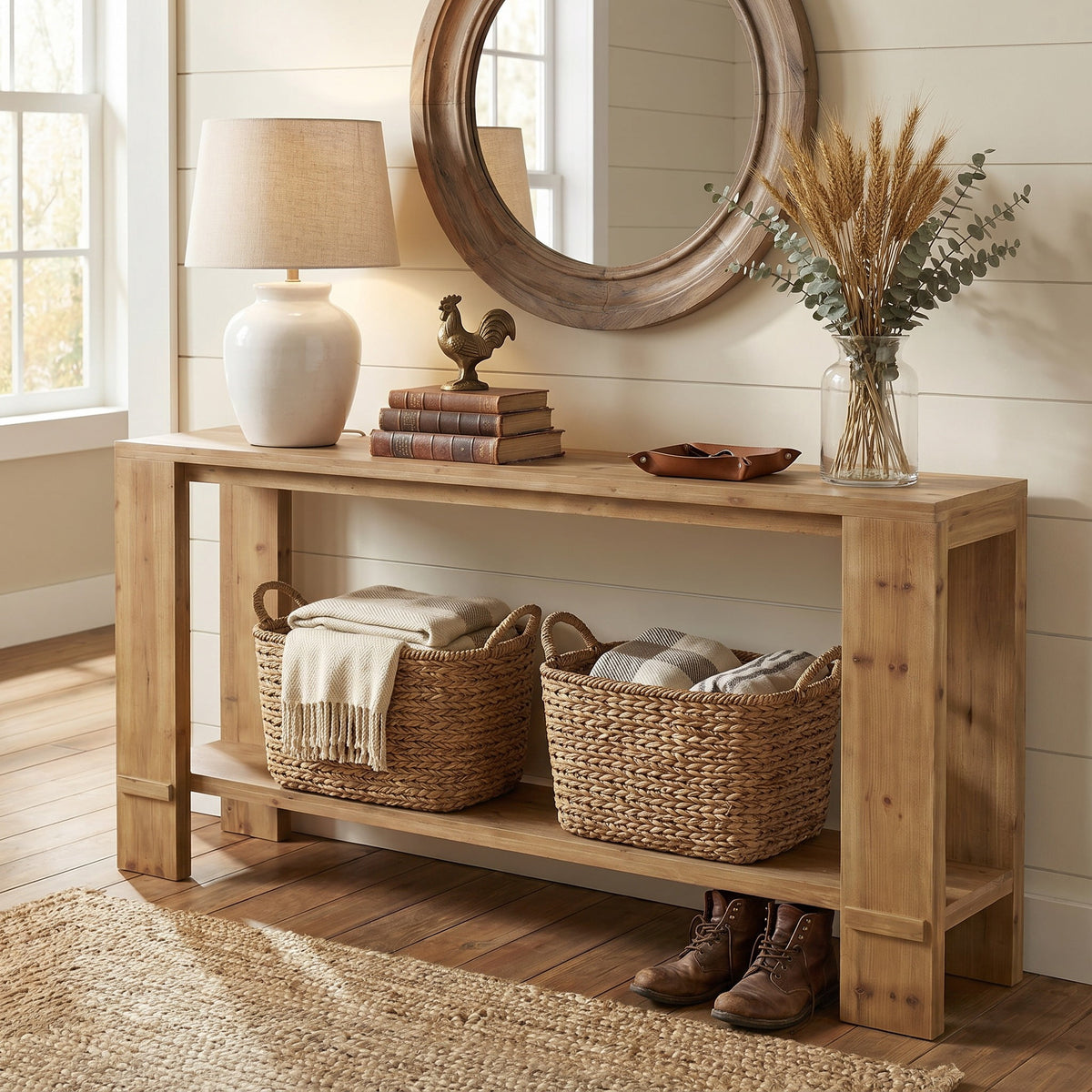 Fnova 70.87-Inch Solid Wood Console Table, Farmhouse Extra Long Entryway Table with Storage Shelf, Narrow Sofa Table for Living Room, Hallway,WM010924_BN_US