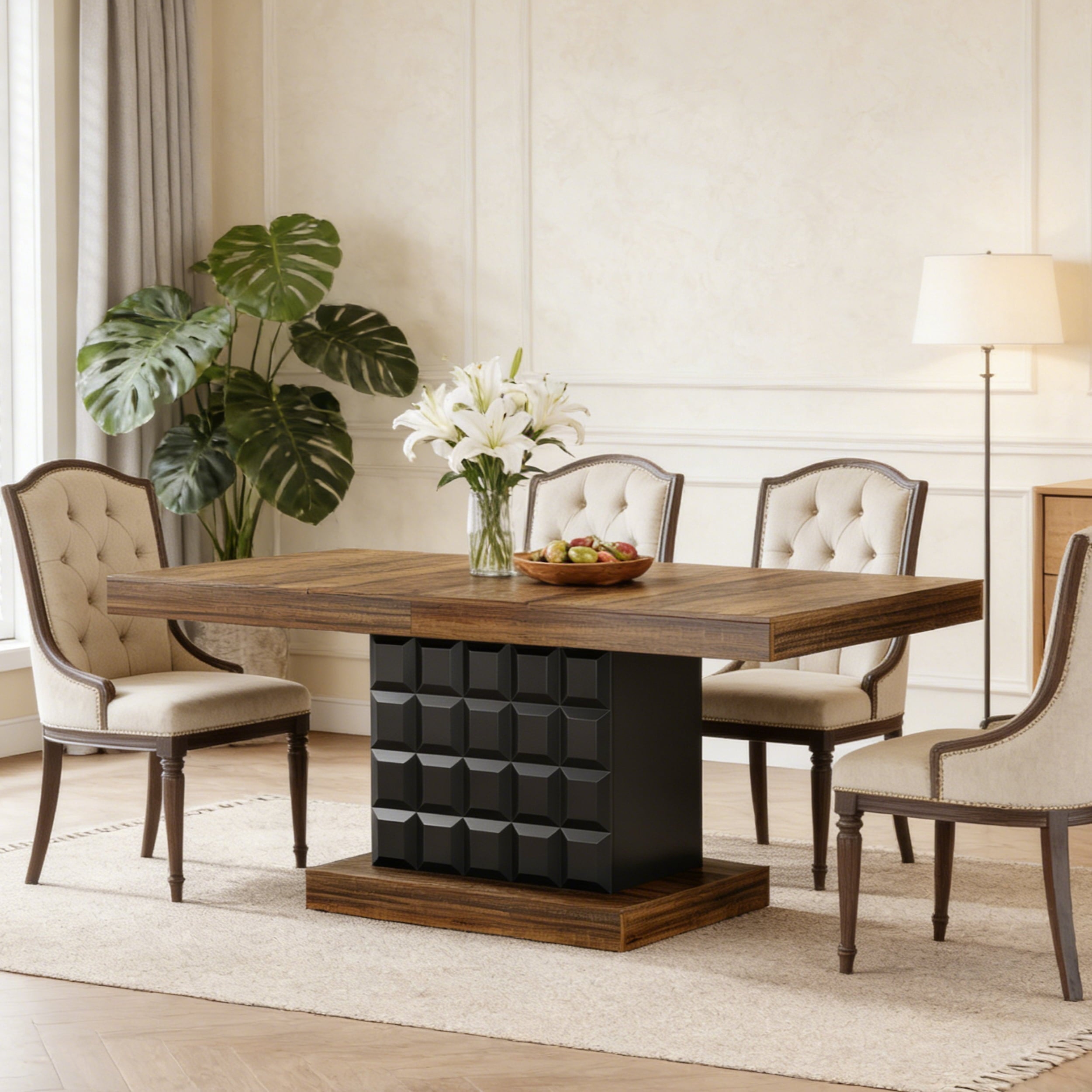Fnova 63" Farmhouse Dining Table for 4-6 People, Wooden Rectangular Kitchen Table with Geometric Relief Pedestal Base, Easy to Assemble,Brown