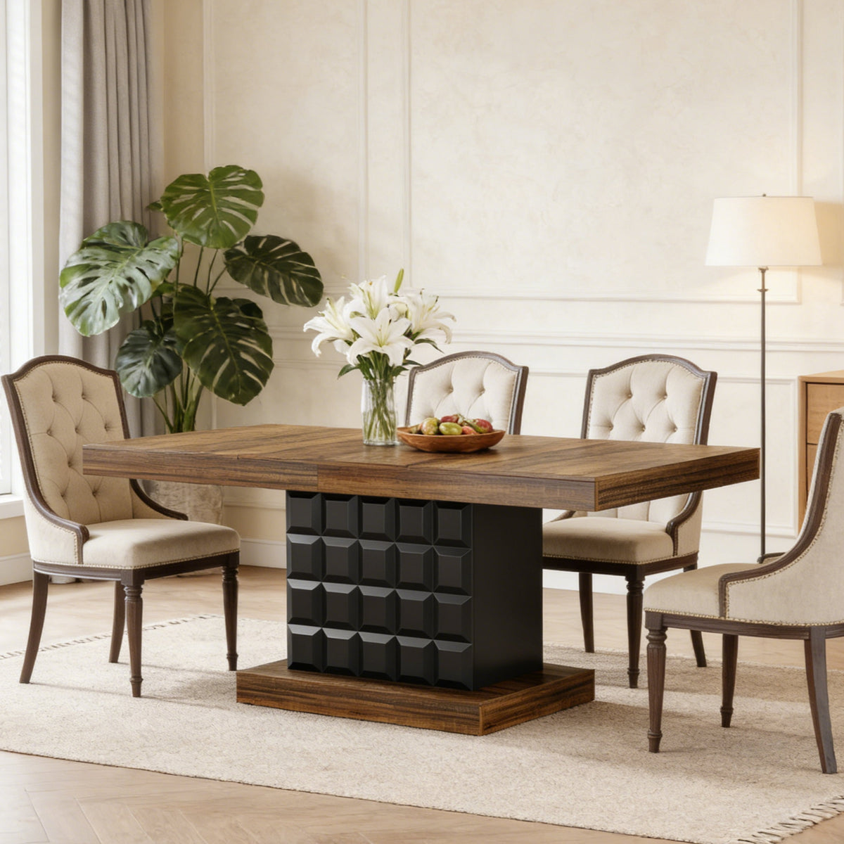 Fnova 63-Inch Farmhouse Dining Table for 4-6 People, Wooden Rectangular Kitchen Table with Geometric Relief Pedestal Base, Easy to Assemble,WM010238_BN_Tables