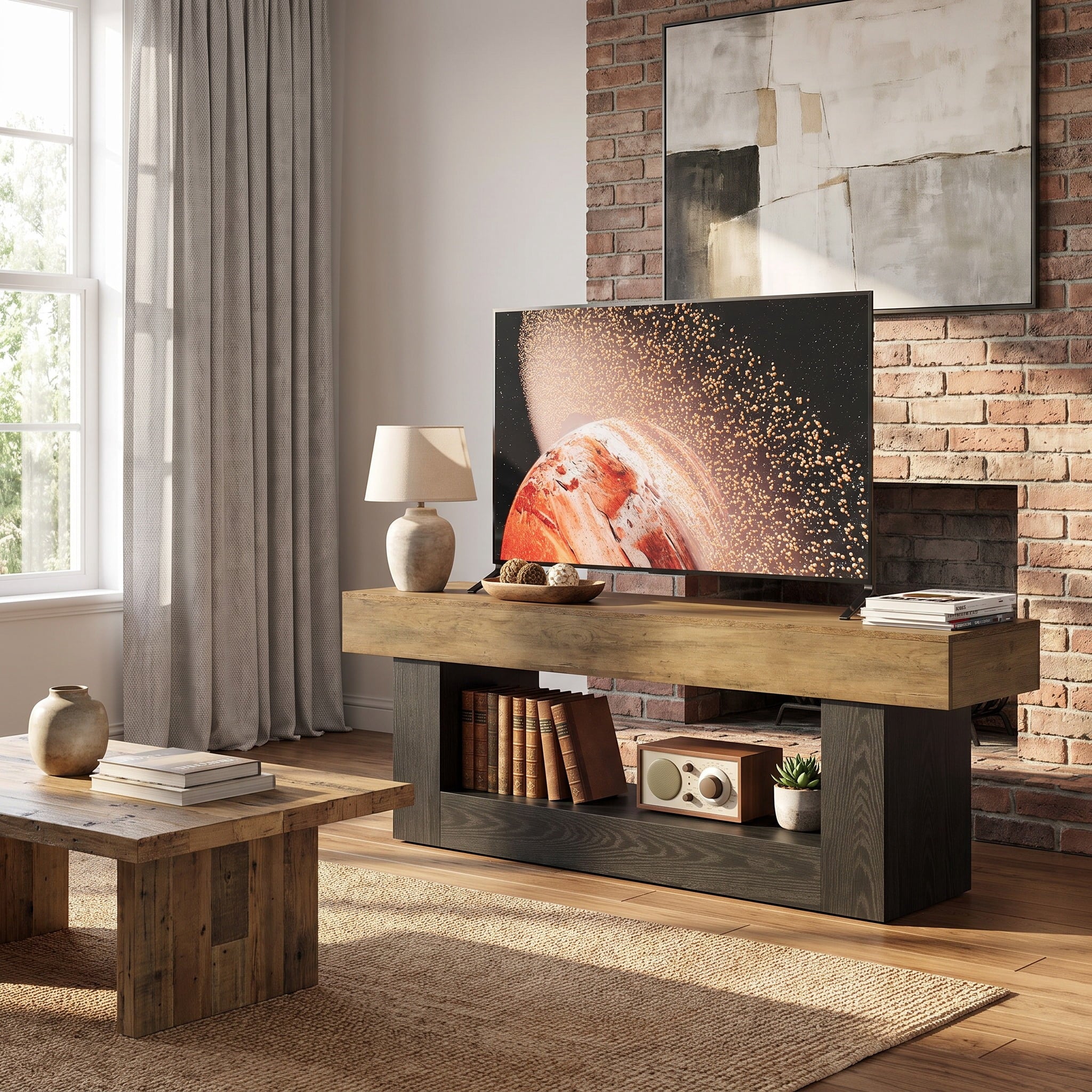 Fnova 63-Inch Modern Industrial TV Stand with U-Shaped Pedestal, Entertainment Center with Open Storage Shelf, E1 MDF Media Console Table, Living Room Storage Furniture,WM010621_BNB_US