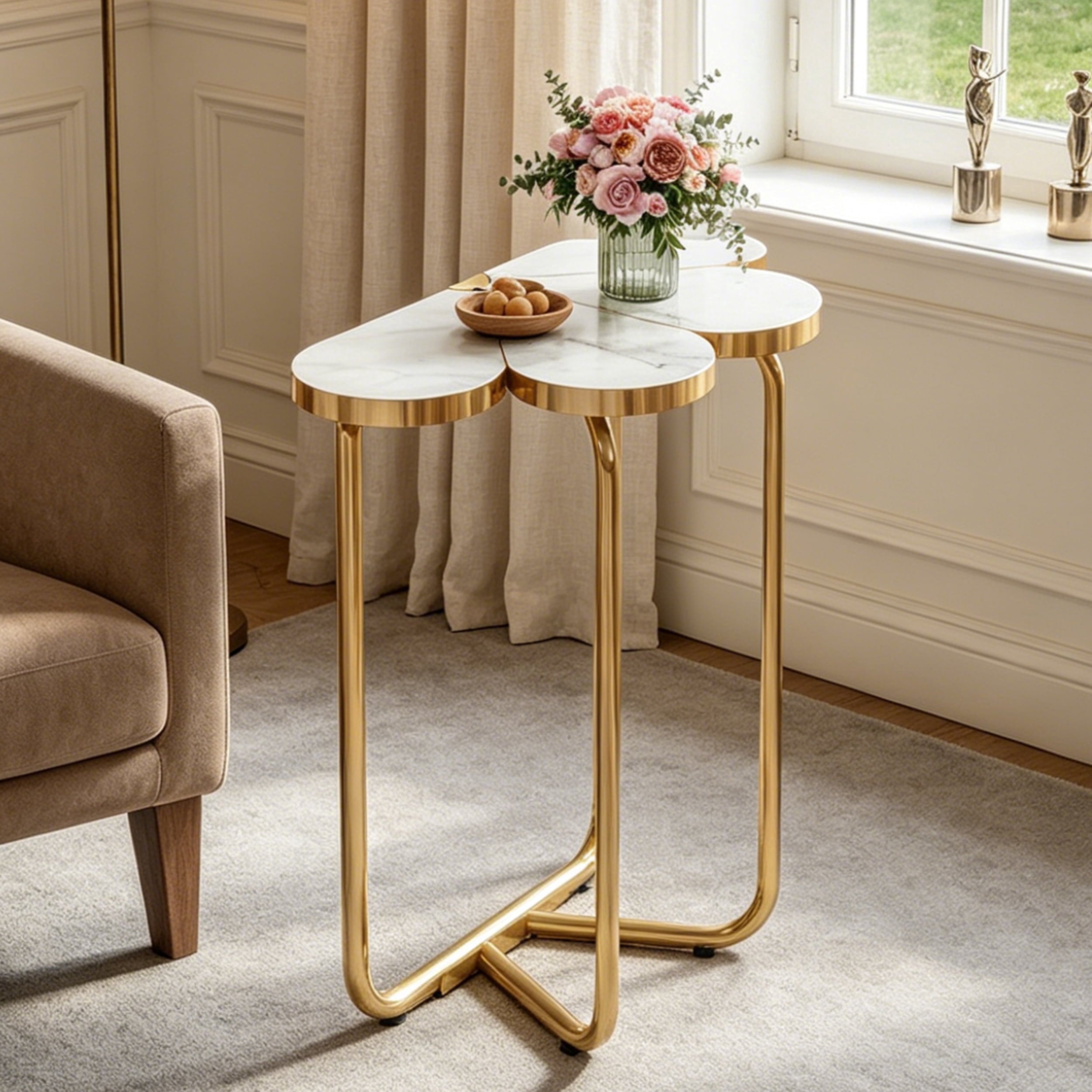 Fnova Narrow Half-Flower Accent Table with Gold Frame, 26 Inch Faux Marble Nightstand, Bedside Table, Side Table for Bedroom, Living Room, Small Spaces, White & Gold,WM010156_WG_US