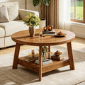 Fnova 31.5 Inch Solid Wood 2-Tier Round Coffee Table with Storage Shelf, Farmhouse Center Table, Accent Cocktail Table for Living Room, Home Office, Brown,0
