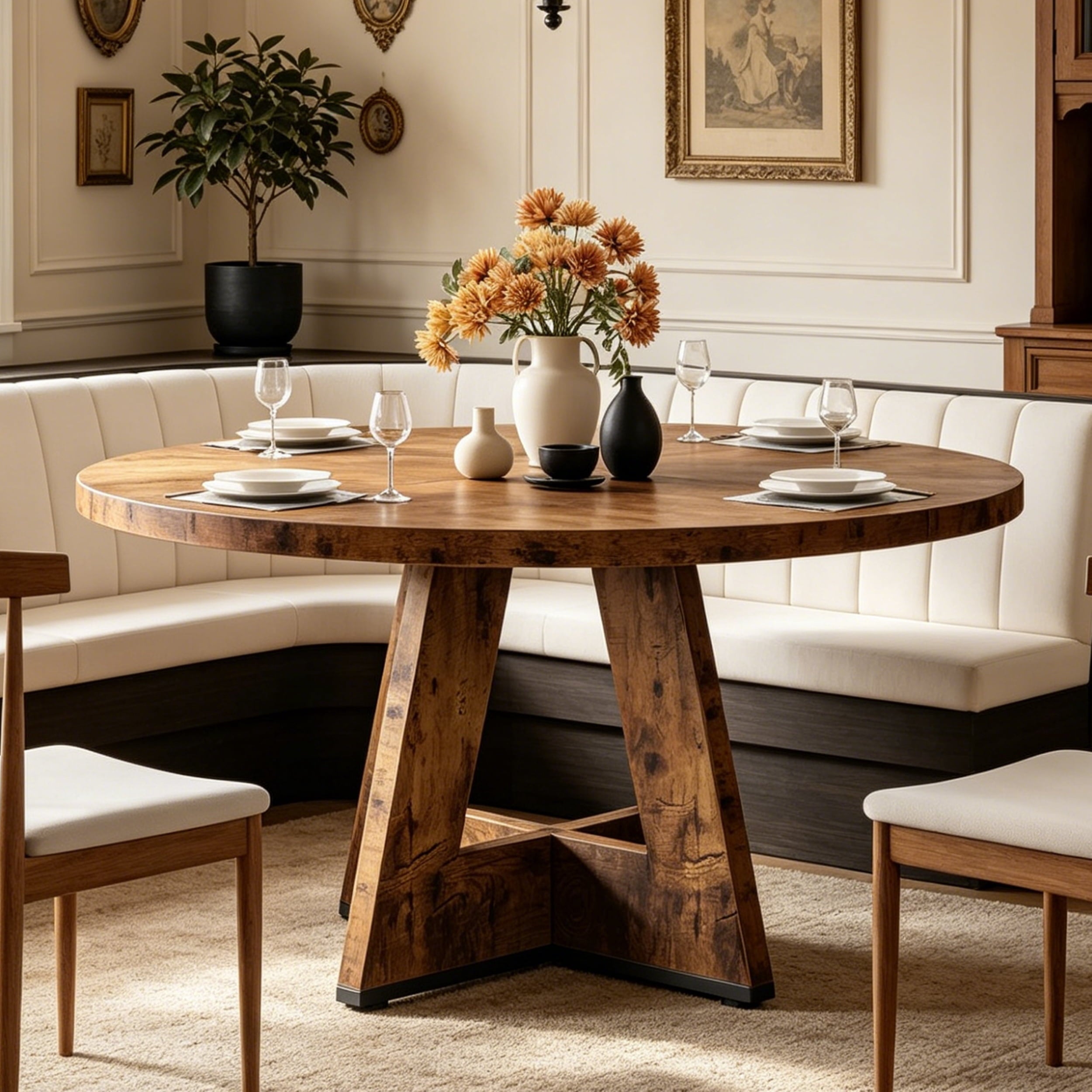 Fnova 47" Round Dining Table for 4 People, Modern Farmhouse Wooden Kitchen Table, Walnut (Chairs Not Included),Dark Brown