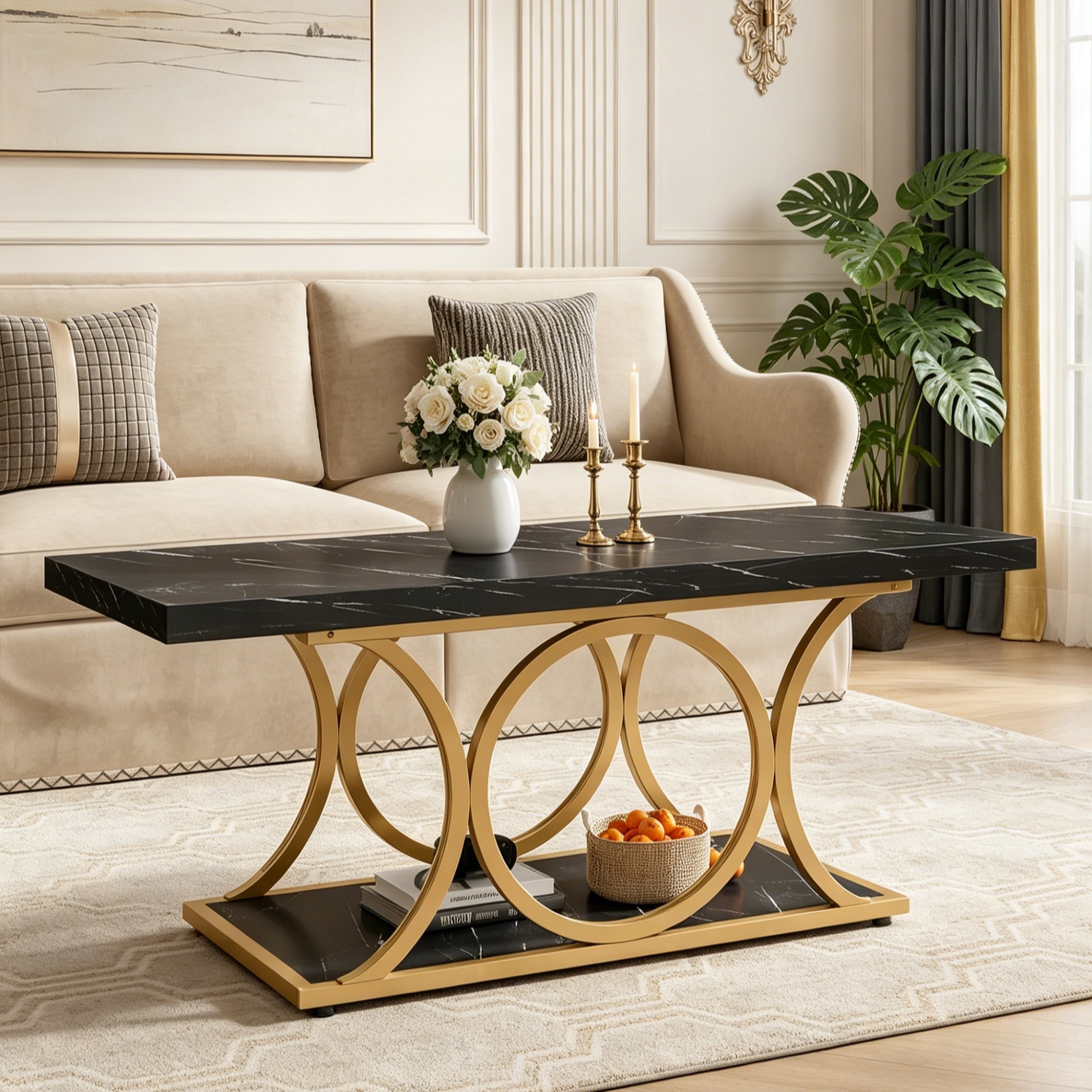 Fnova 47.24" Rectangular Coffee Table, Modern 2-Tier Imitation Marble Wood Coffee Tables with Storage Shelf for Living Room, Geometric Metal Legs, Easy Assembly,Black