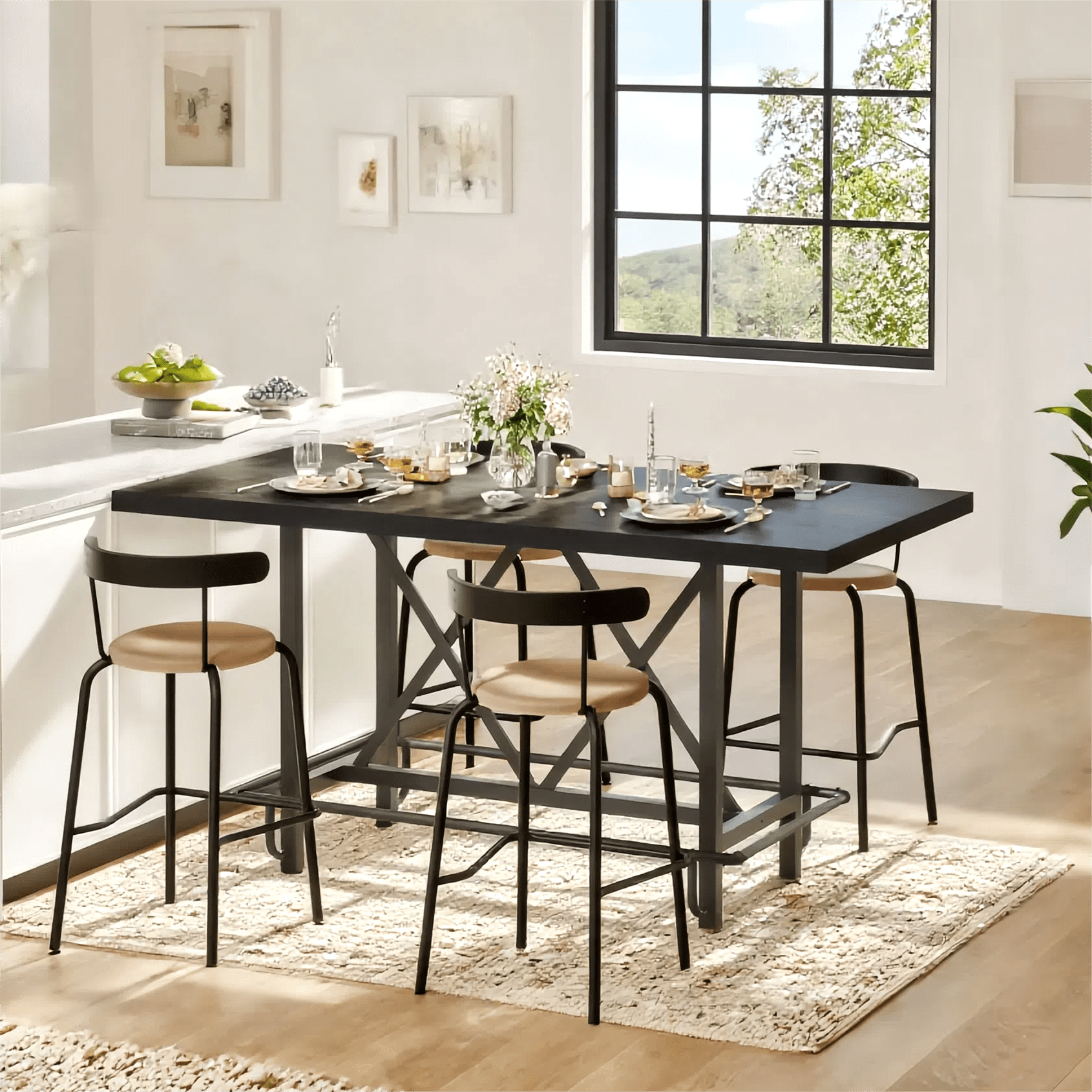 Fnova 35.4" Tall Dining Table, Rectangular Counter Height Kitchen Table with Metal Footrest for 6 People,Black